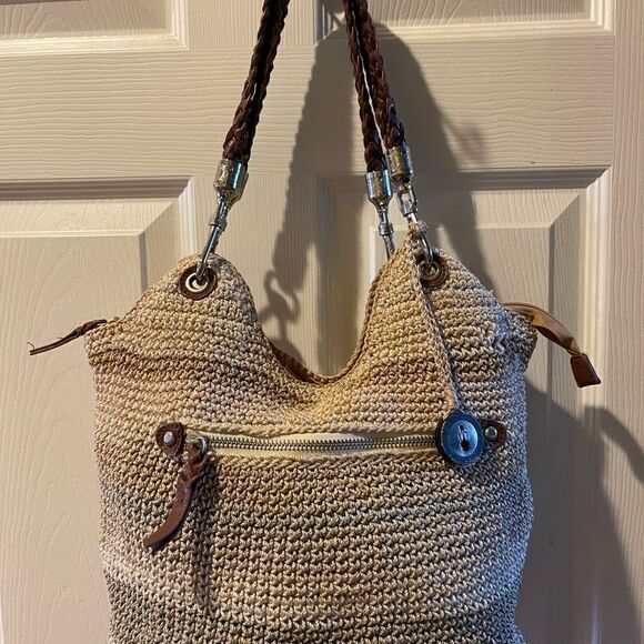 The SAK Crochet Sand,gray &khaki bucket style shoulder bag braided brown straps - Picture 2 of 14